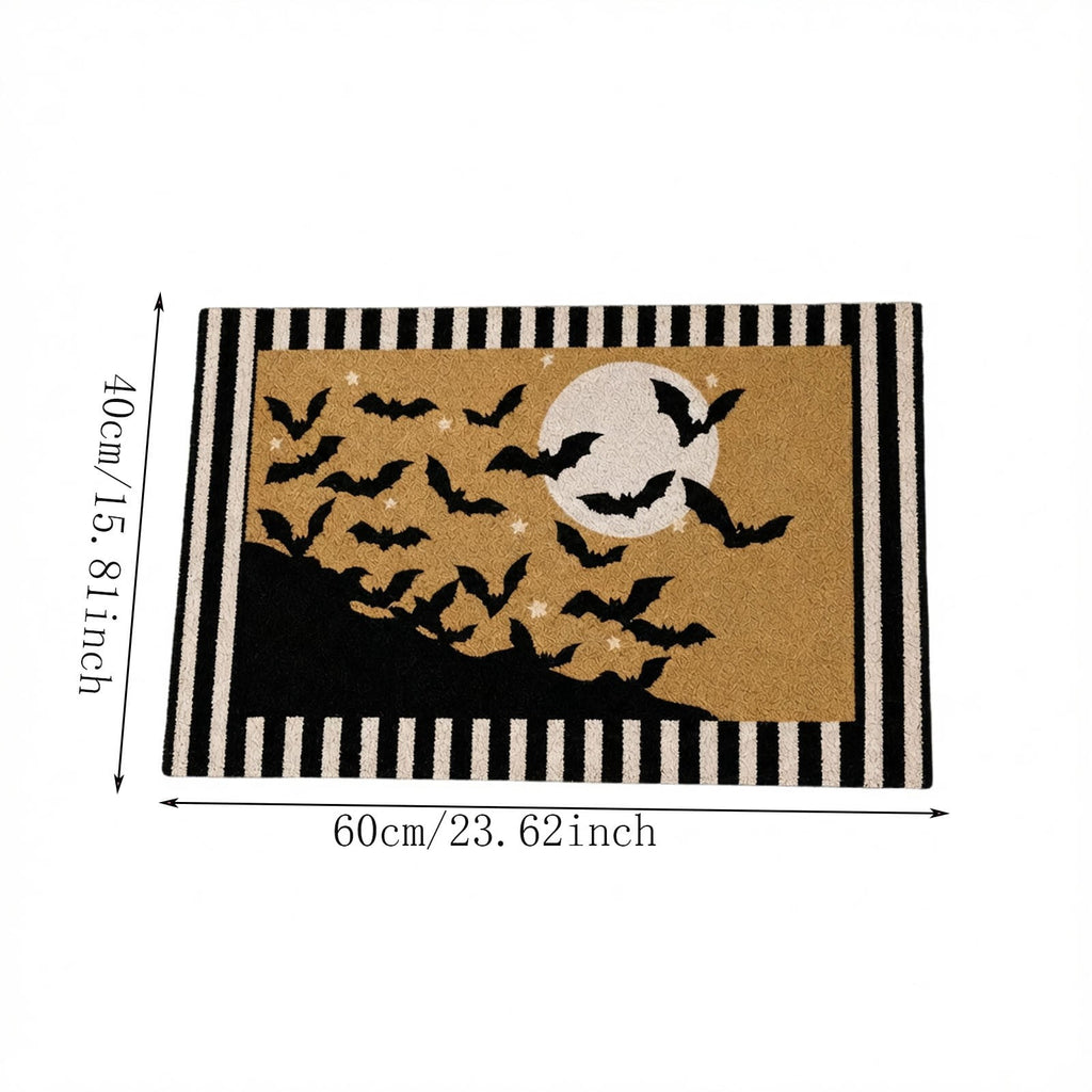 Dpityserensio Halloween Doormat Black Bat and Moon with Striped Border Non-Slip Washable Indoor Outdoor Rug, Vintage Fall Decor