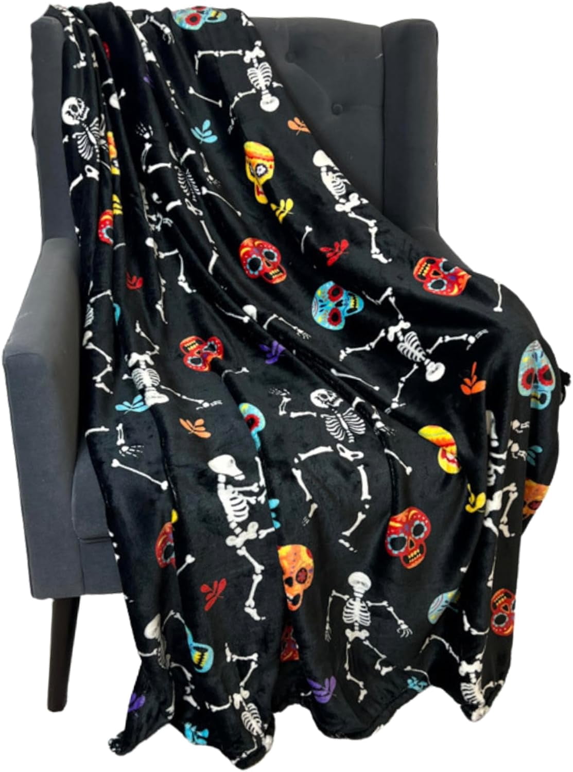 Serafina Home Halloween Throw Blanket: Fuzzy Boo! Jack O'Lantern Spider Webs Skull and Black Cats Print on Velvet Fleece for Sofa Bed Couch Chair Dorm