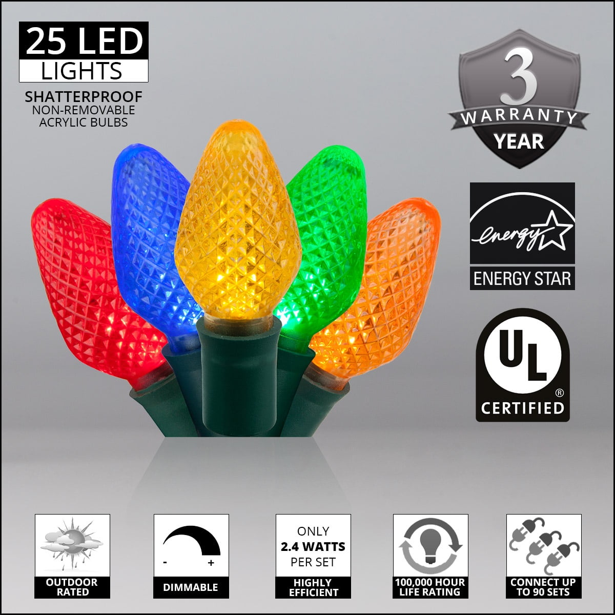 Wintergreen Lighting 25ct C7 LED Multi-Color Christmas Lights, 8" Spacing – Green Wire