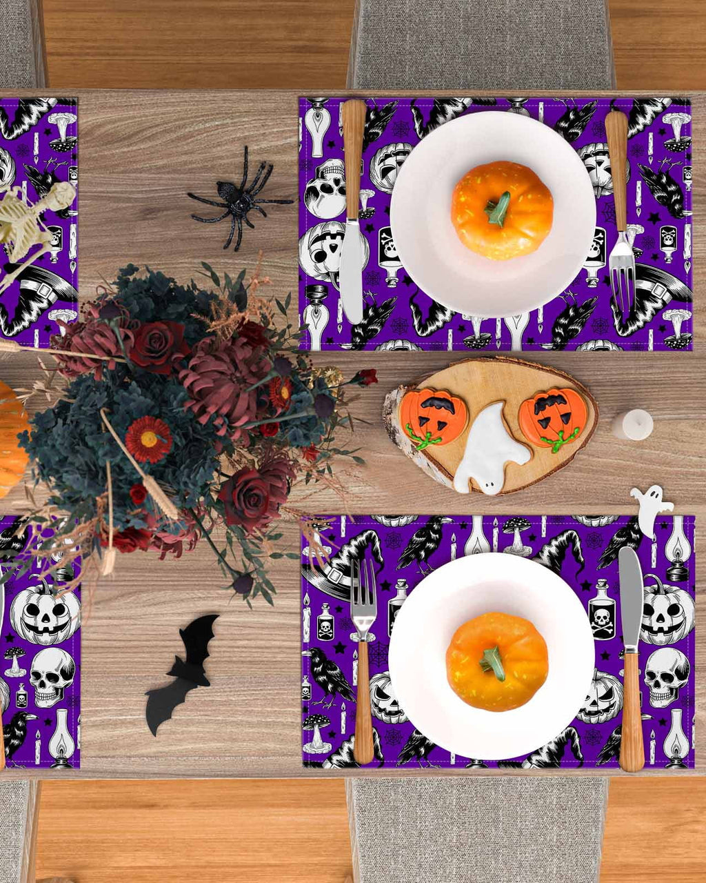 Halloween Placemats Set of 4 Crow Skull Pumpkin Place Mats Fall Placemat Cobwebs Potion Candle Hat Purple Table Mats for Dining Kitchen Table Holiday Dinner Party Home Decorations 13x19 Inch