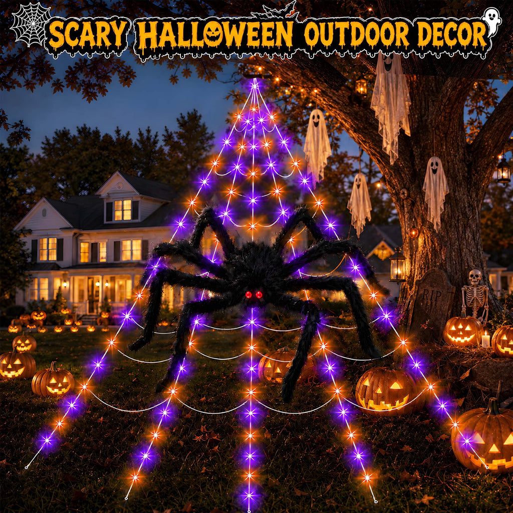 DAYBETTER Halloween Spider Web Lights, 5FT Giant Spider, 250 LED Holiday Lights, Remote Control Waterproof for Indoor Outdoor Yard Party Halloween Decorations (Purple & Orange)