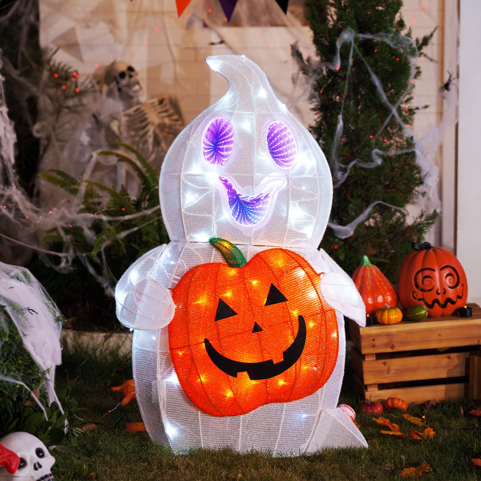 MARACOL Halloween Ghost Decor, 128 LED Pre-Lit Ghost Halloween Decorations with Animated Eyes Cute Light Up Ghost Holding Pumpkin Glowing Ghosts Fall Decor for Outdoor, Indoor, Yard, Porch, Garden