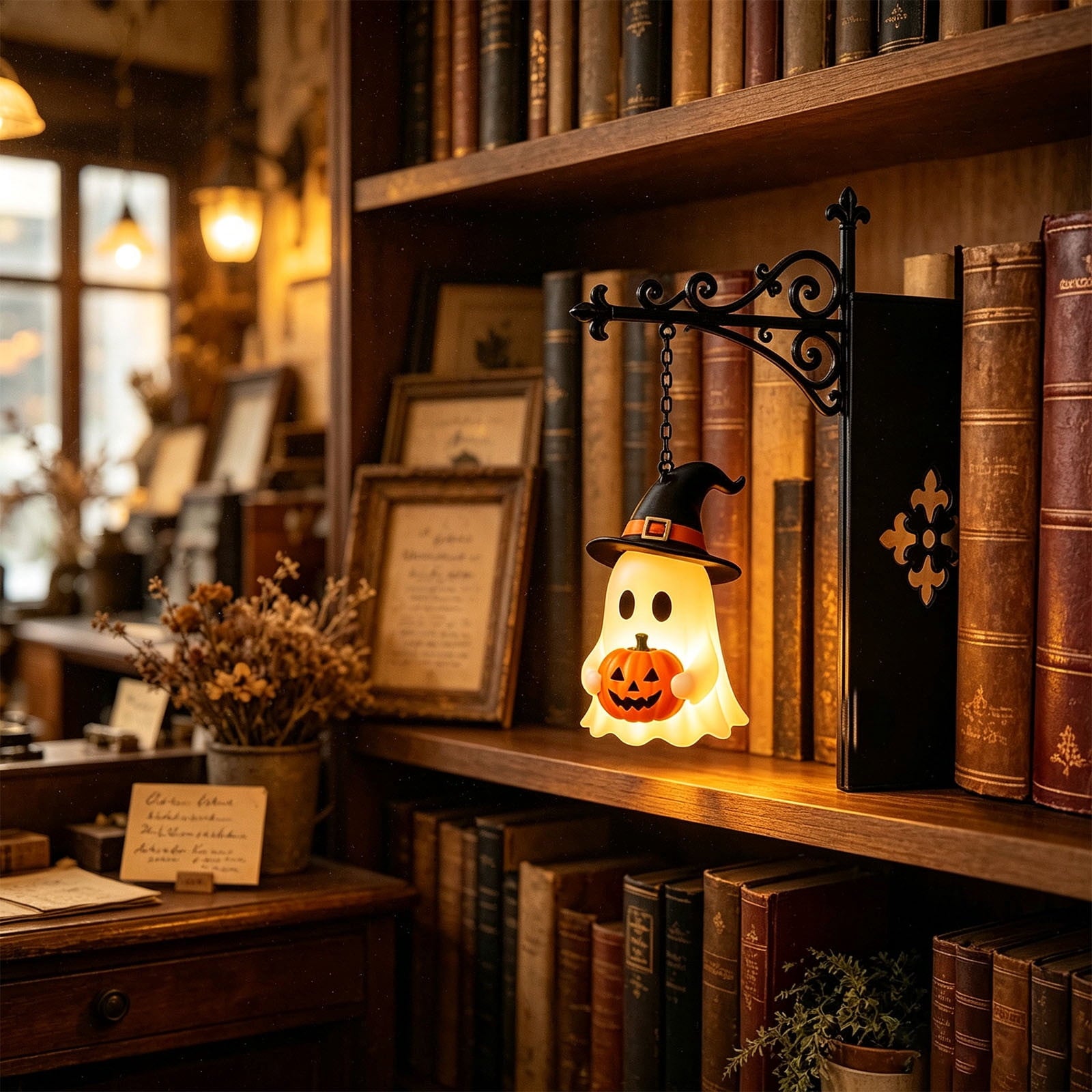 Nkmbld Halloween Bookshelf Lamp, Vintage Library Lantern Decorative Bookshelf Lighting, Hanging Ghost Lantern Book Shelf Light, Halloween Decorations Indoor