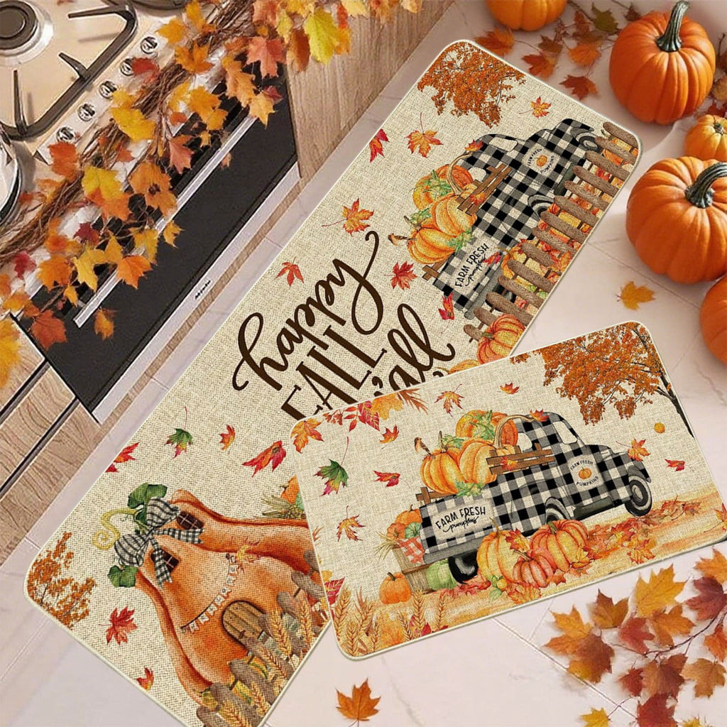 HOARBOEG Kitchen Floor Mat, Halloween Thanksgiving Fall Floor Mats 2-Piece Set - Non-Slip Pumpkin Maple Leaf Decor Rug for Bathroom Kitchen Porch Entrance, Holiday Home Decor