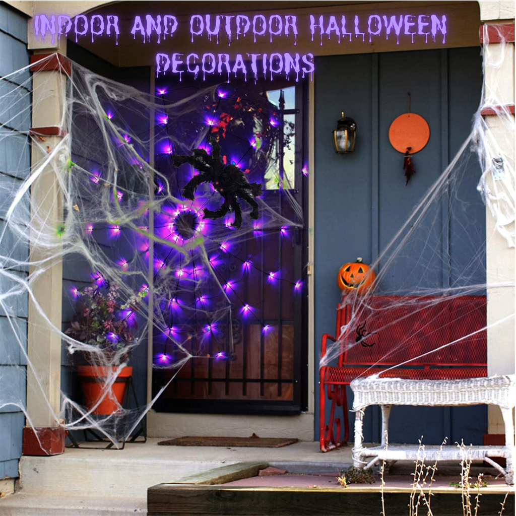 16.4Ft Large Spider Webs Halloween Decorations Lights, Outdoor Battery Operated Purple Halloween String Lights with 8 Modes Remote Control 125 LEDs Spiderweb,60" Large Spider,Waterproof (Purple)