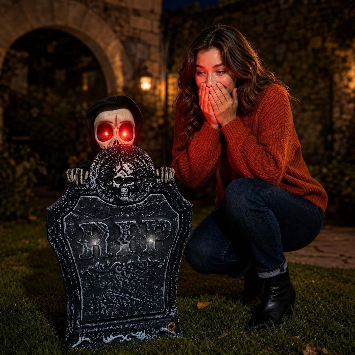 Orangide Halloween Decorations Animated Tombstone Decor With Light Gravestone With Activated Skeleton And Pumpkin For Yard Porch Outdoor Halloween Party