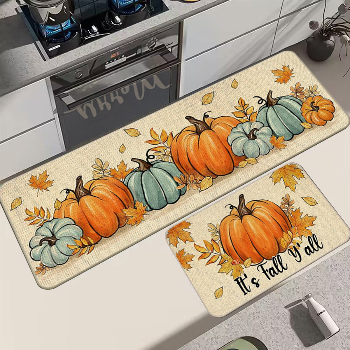 Decorative Kitchen Floor Mats Set of Two, Fall Theme Pumpkin Turkey Pattern Kitchen Rugs and Mats for Outdoor Indoor Kitchen Decor Halloween Thanksgiving Non-Slip Doormat