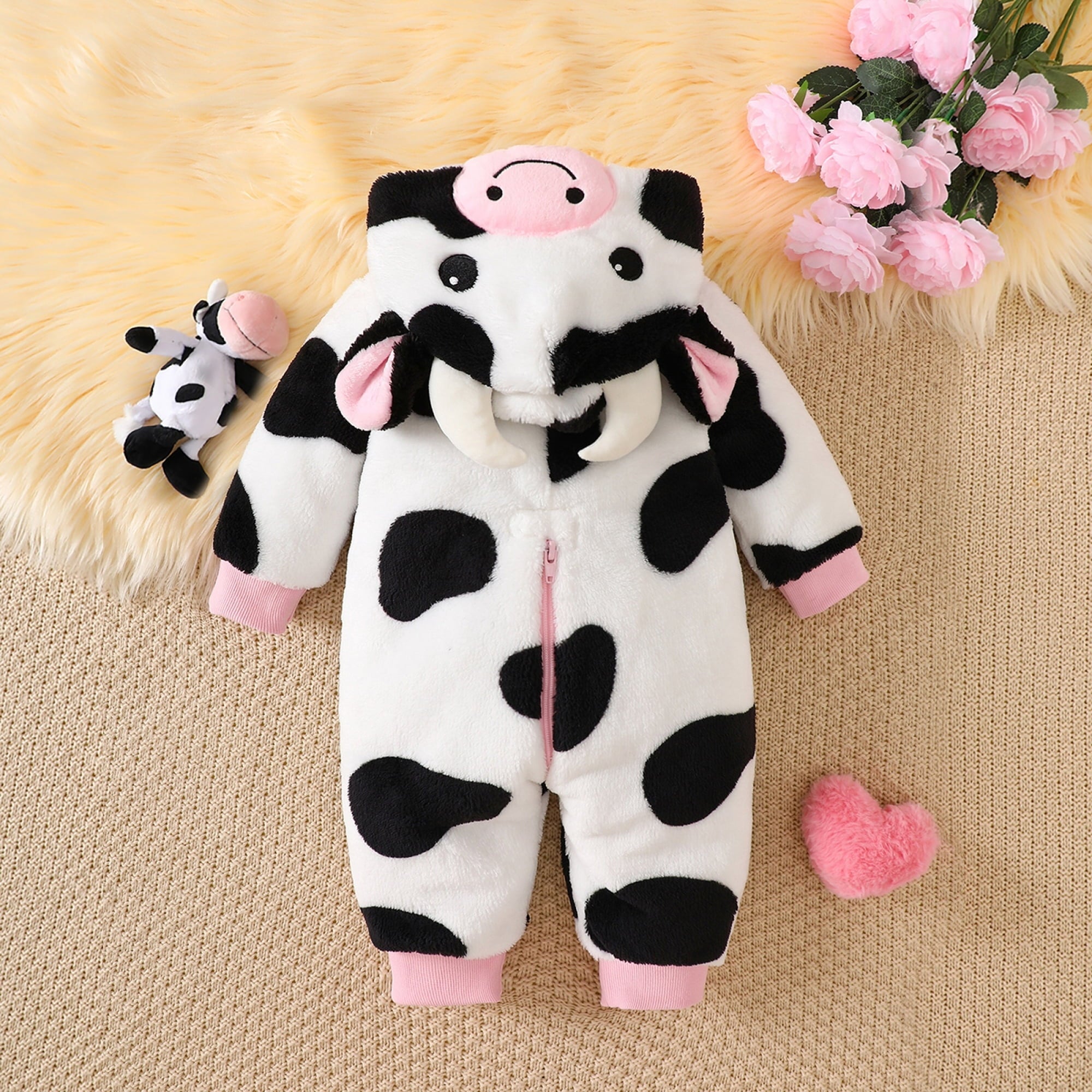 RUINIXCW Baby Cow Costume Infant Halloween Animal Costume Baby Boy Girl Warm Fall Winter Outfit Fleece Jumpsuit Snowsuit Baby Photoshoot Outfits Long Sleeve Zip Up Hooded Romper
