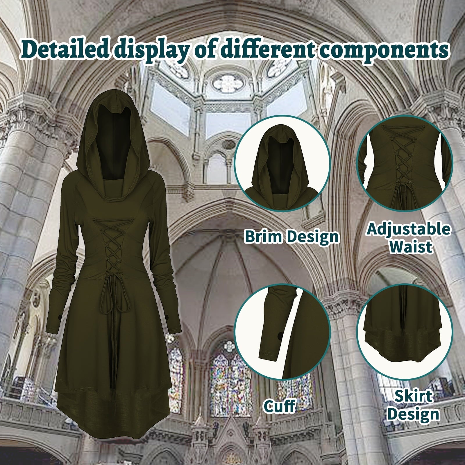 WASFDN Womens Renaissance Costumes Hooded Robe Lace Up Renaissance Dress Women Halloween Vintage Medieval Cloak(Green,L)