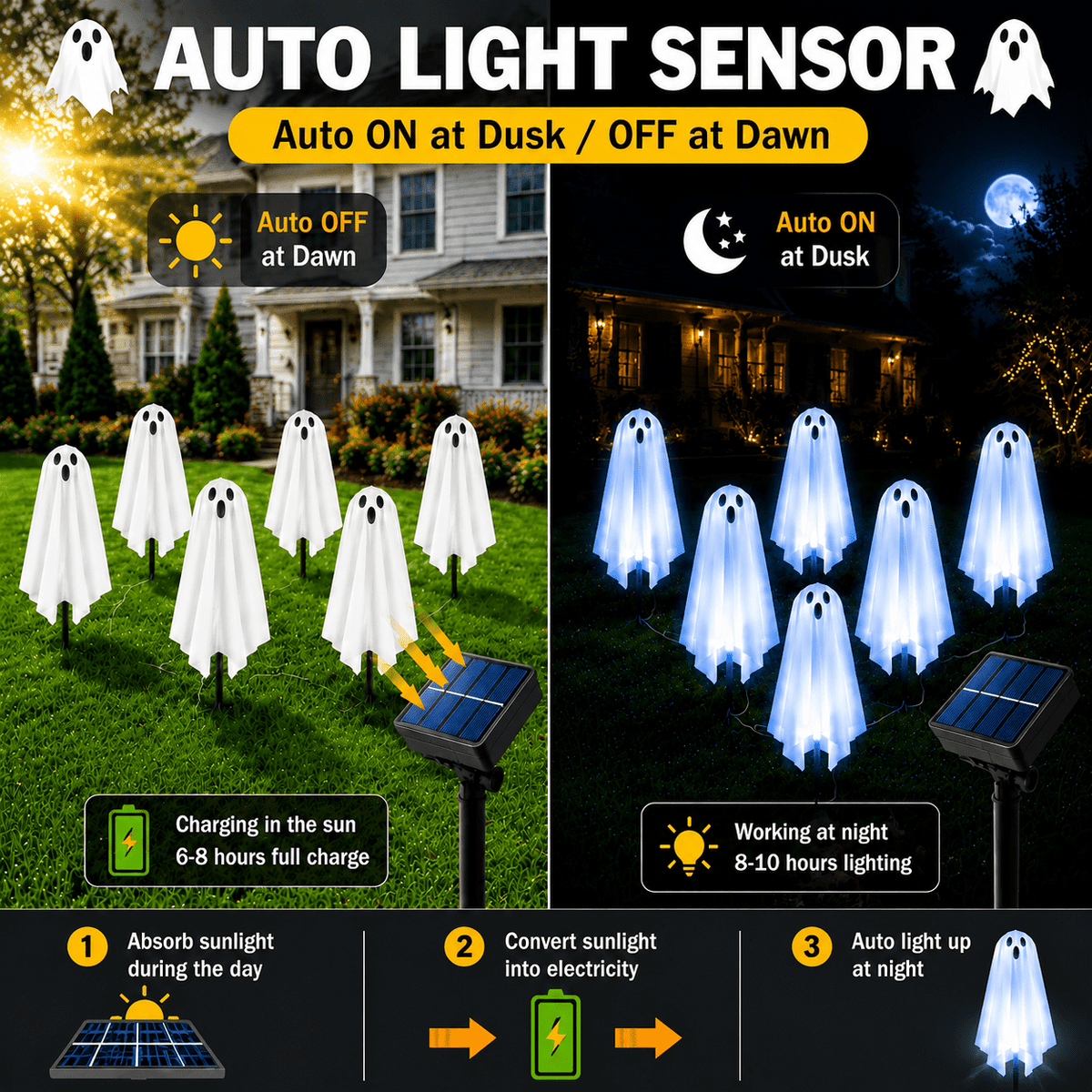 6 Pack Solar Halloween Ghost String Stake Lights, White LED Pathway Lights with 8 Lighting Modes, Waterproof Outdoor Halloween Decor for Garden Yard Lawn Walkway Graveyard Decor