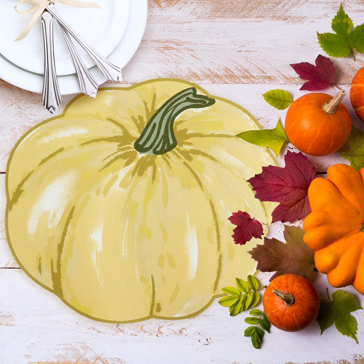 OVZME 4PCS Fall Placemats, Autumn Printed Pumpkin Place Mats for Kitchen Dining Table, Thanksgiving Harvest Halloween Holiday Decor Placemat, Water-Proof, Each 13" x 15", Dark Blue