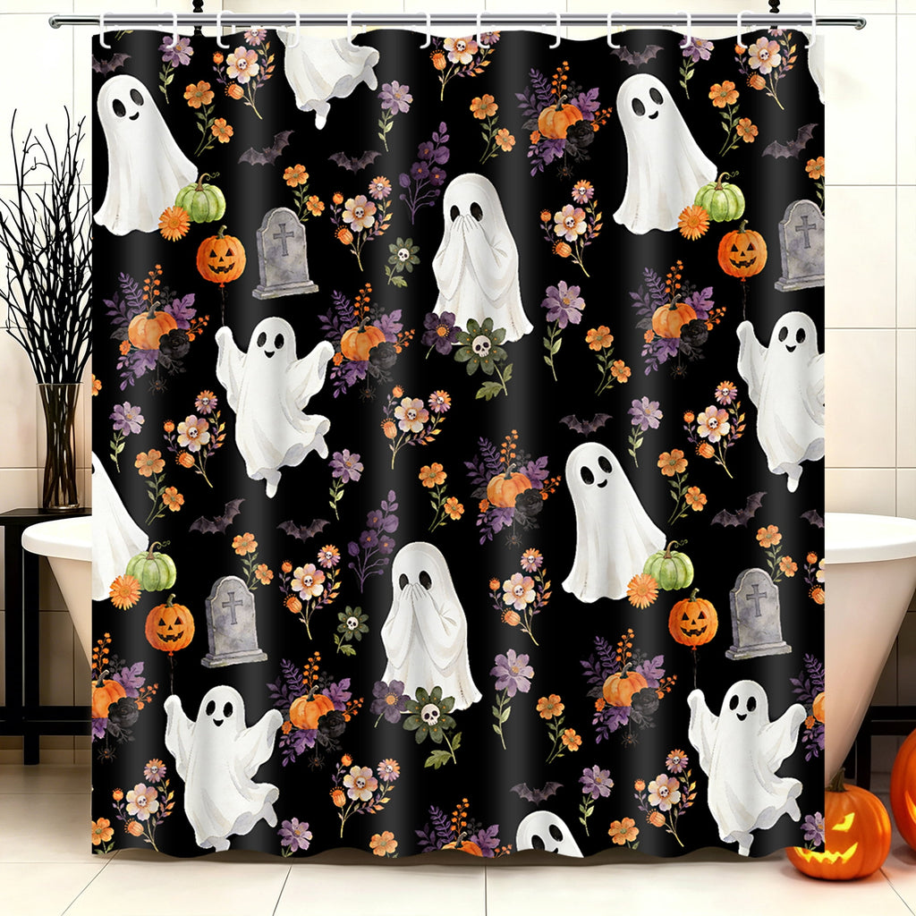 FRAMICS Halloween Shower Curtain Sets with Rugs, 16 Pc Pumpkin Spooky Ghost Bathroom Sets, Black Waterproof Fabric Shower Curtain with 12 Hooks and Toilet Rugs