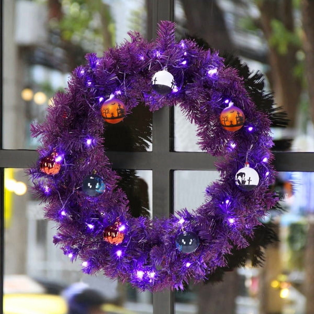 Alvantor 24 in Pre-Lit Halloween Wreath with 50 Purple and Orange LED Lights, 100 PVC Tips, DIY Ball Ornaments, Battery Powered, Purple