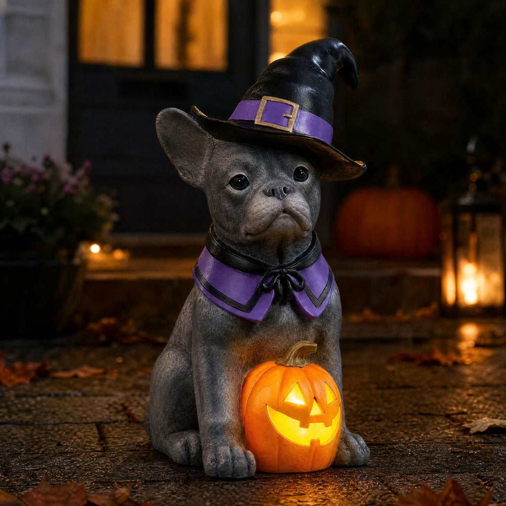 Clearance Halloween Schnauzer Bat Figurine with Ghost Bucket, 8 inch Resin Cute Dog Gifts Tabletop Decor