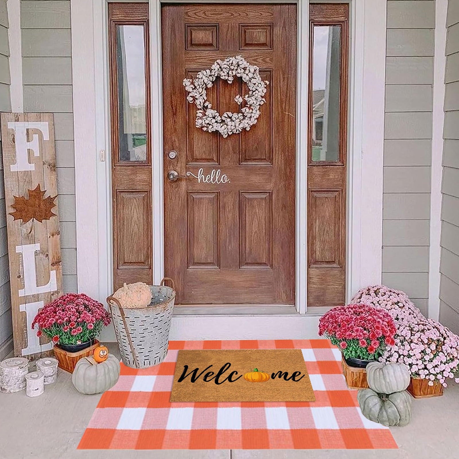 Guozer Fall Outdoor Rug Orange Plaid Outdoor Rug Cotton Hand-Woven Check Rug Layered Doormats For Front Door/Front Porch/Farmhouses/Entryway/Patio 23.6''x 35.4''