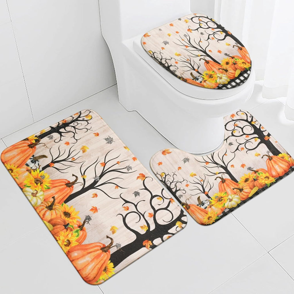FRAMICS 16-Piece Fall Shower Curtain Sets with Rugs, Maple Leaves Pumpkin Bathroom Sets, Waterproof Fabric Bathroom Curtain Decor with Hooks