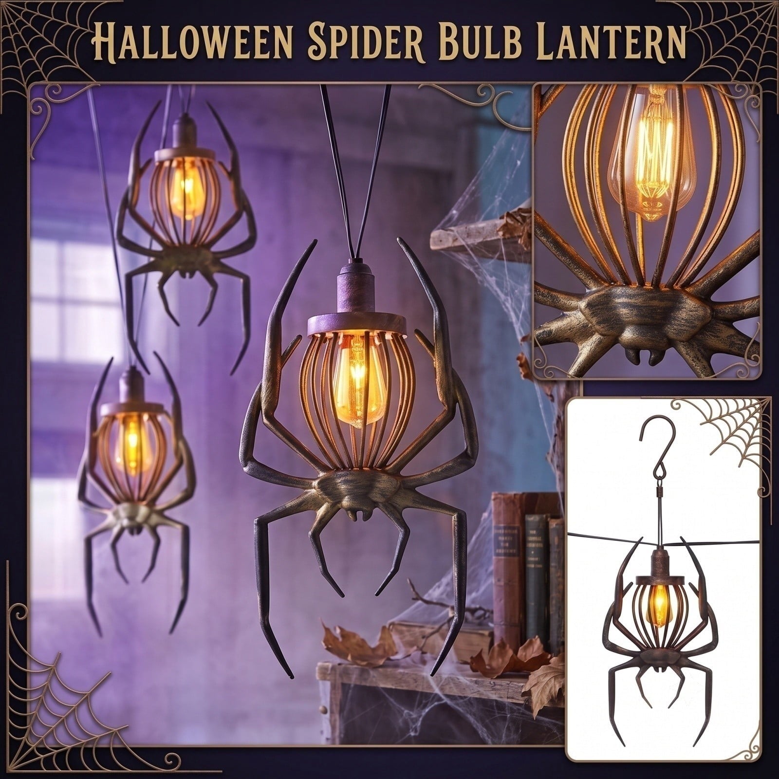 2026 New Halloween Hanging Bat Flame Lights, Vintage Metal Frame Lantern with Warm Amber Edison Bulb, Indoor Outdoor String Light Decor for Porch Patio Room