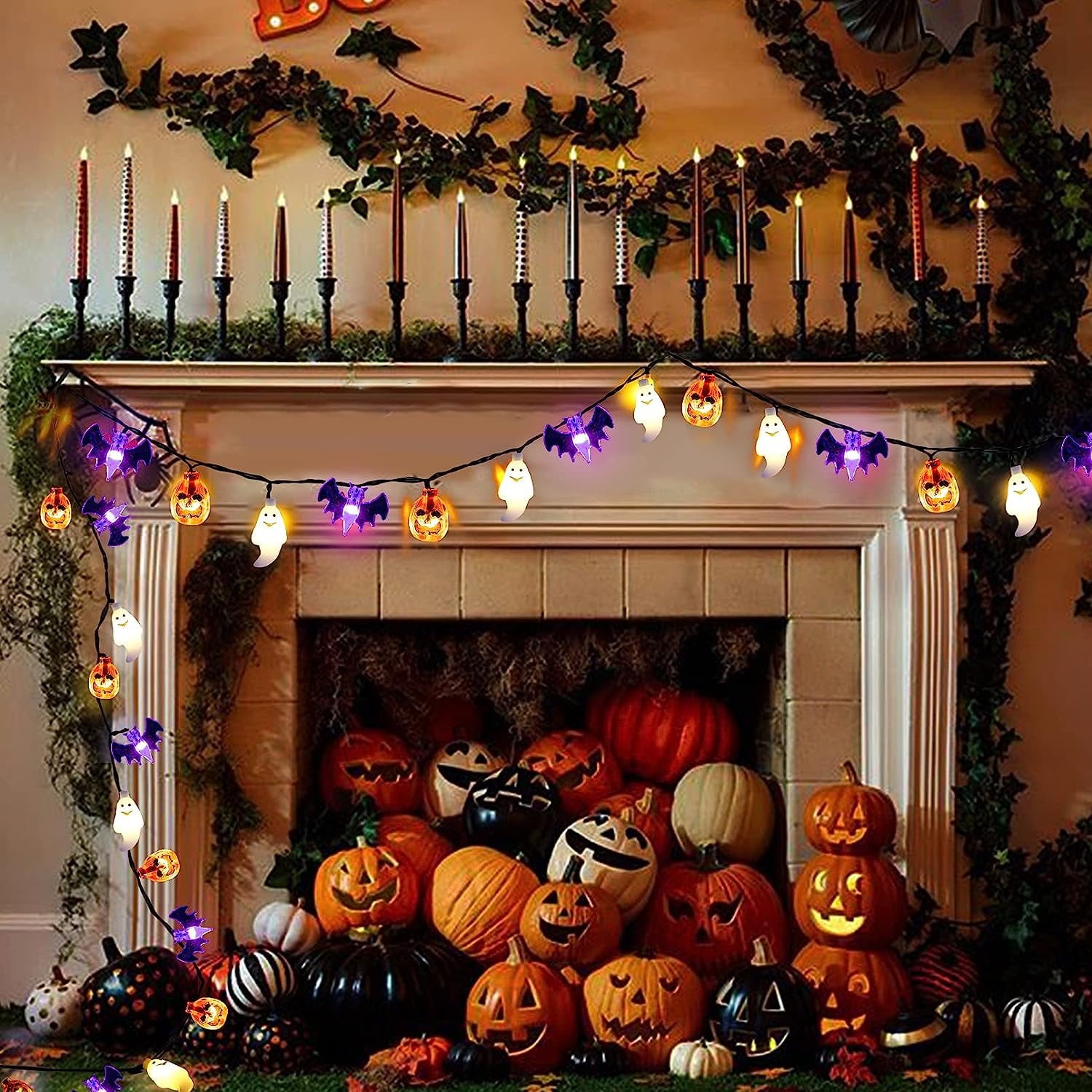 Halloween Lights, 20FT 30 LED Waterproof 3D Pumpkin Bat Ghost Battery Operated String Lights with Timer - 8 Lighting Modes Fairy Light for Window Indoor Outdoor Decor Halloween Party Decorations