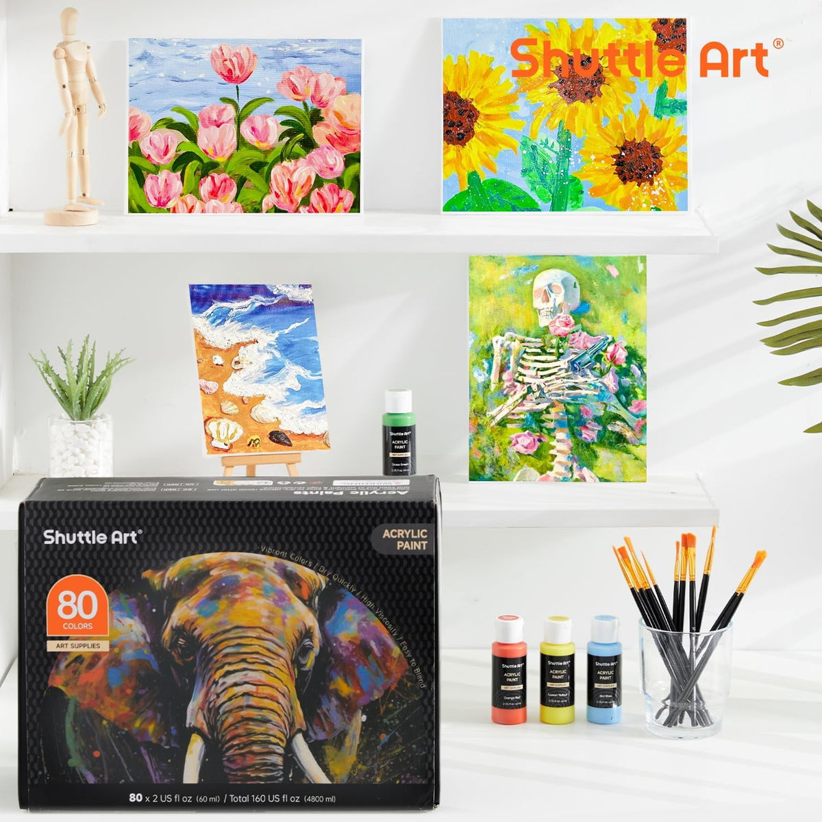 Acrylic Paint, Shuttle Art 50 Colors Acrylic Paint Set, 2oz/60ml Bottles, Rich Pigmented, Water Proof, Acrylic Paints for Artists, Beginners on Canvas Rocks Wood Ceramic Fabric