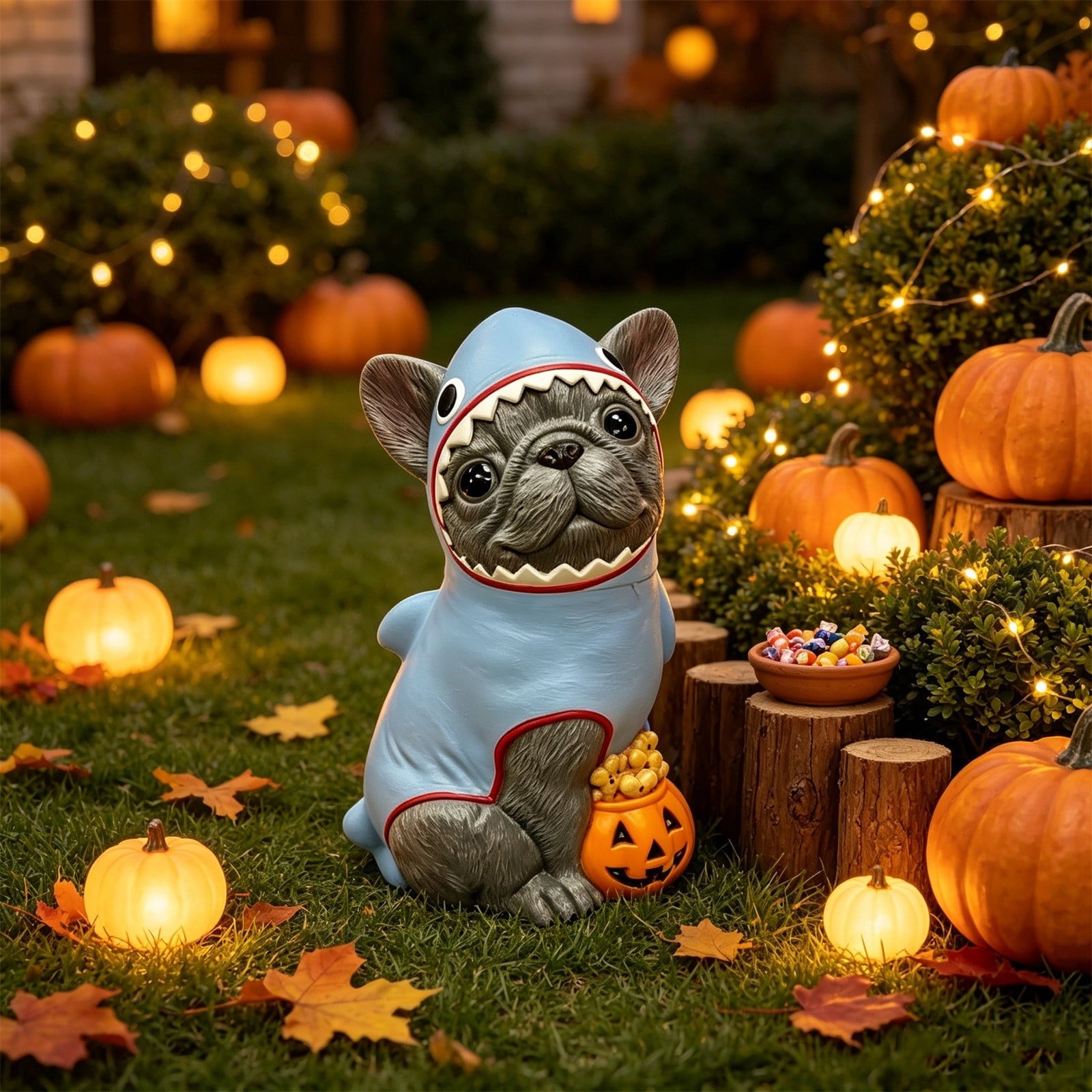 Gray Frenchie in Shark Costume Blow Mold, Halloween French Bulldog Statue with Light Up Pumpkin Decor, Cute Resin Outdoor Indoor Tabletop Dog Ornament, Entryway Patio Yard Decoration, 7.87"