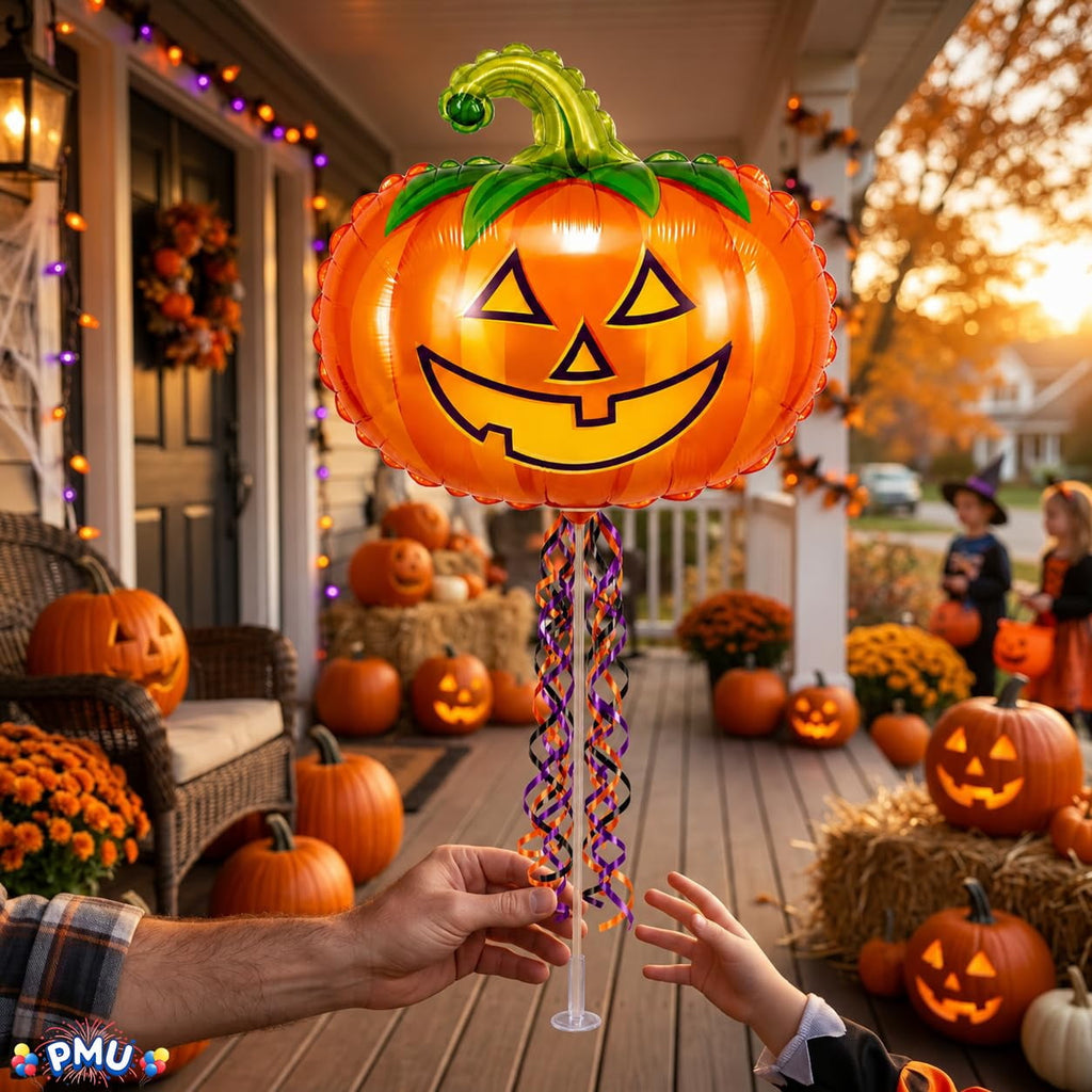 PMU Halloween Pre-Inflated Balloons "Whimsical Pumpkin" 9 Inch Air-Filled Pre-inflated with a Cup and a Stick (1/Pkg) Pkg/1