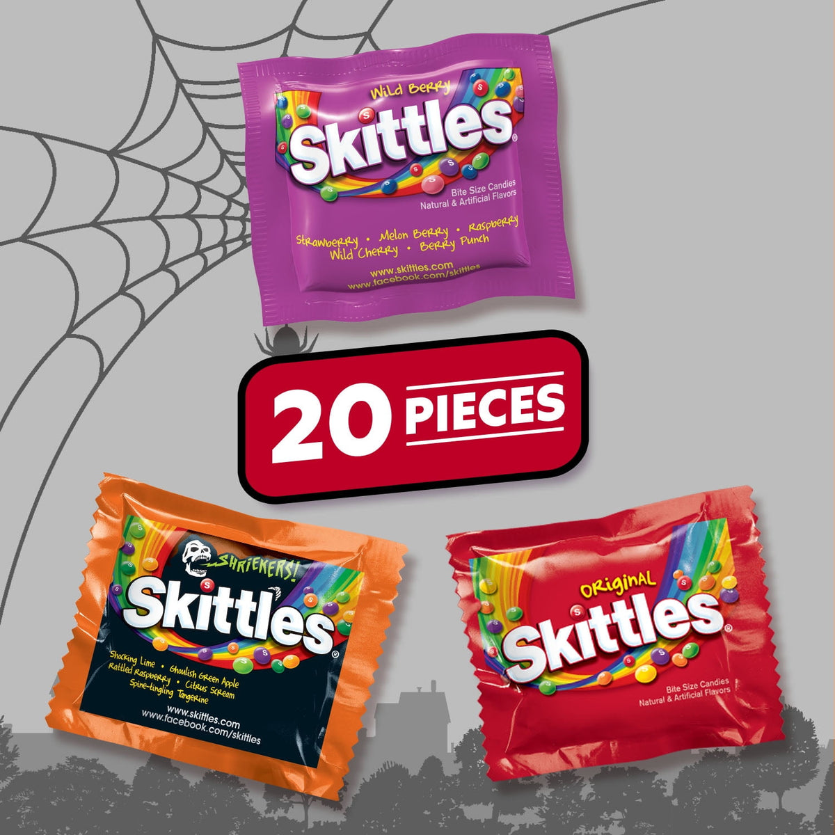 Skittles Original, Wild Berry & Shriekers Fun Size Chewy Halloween Candy, 20 Count Bulk Bag