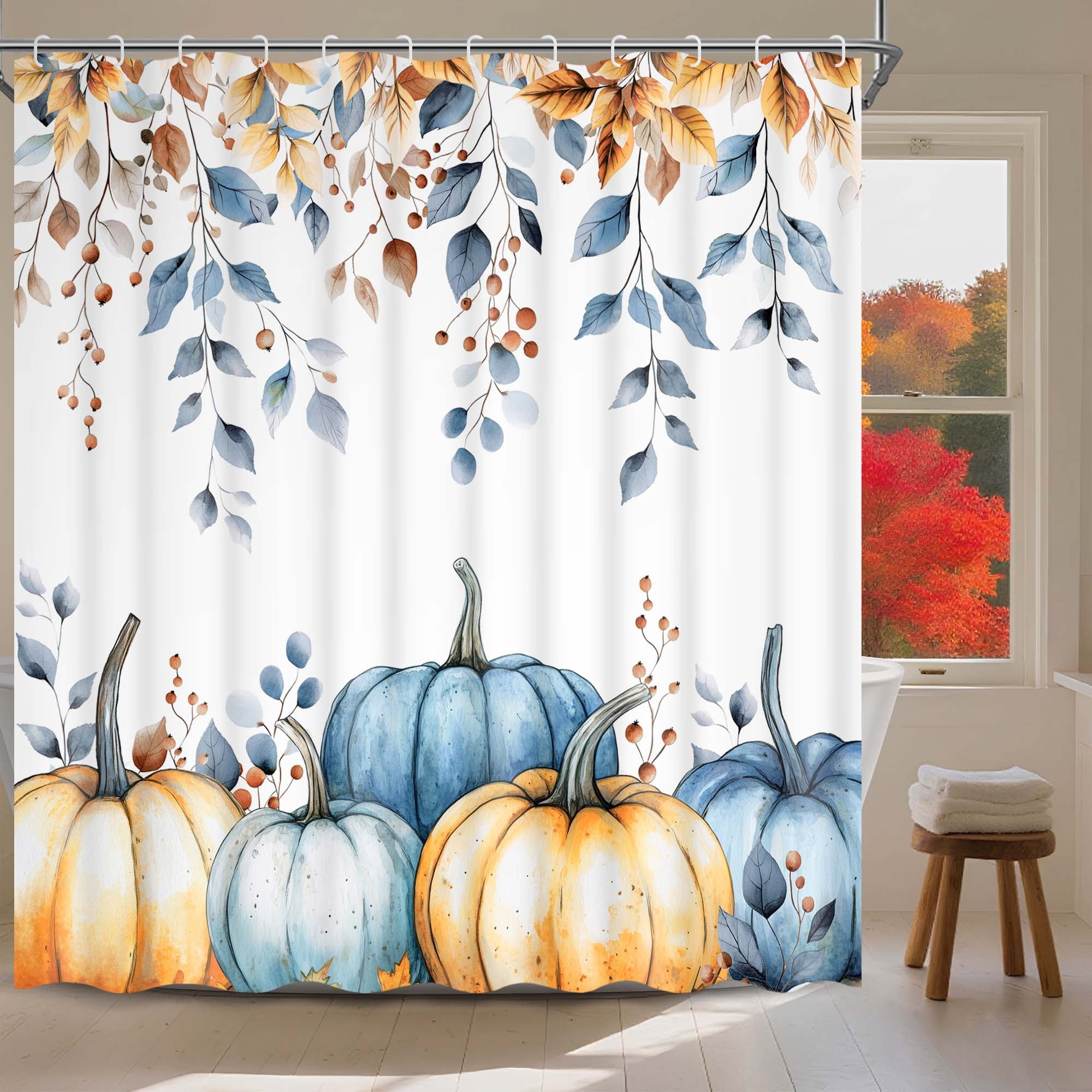 Ikfashoni Fall Shower Curtain with Hooks, Fall Decor for Home, Buffalo Plaid Pumpkin Waterproof Bathroom Curtains, 72"X72"
