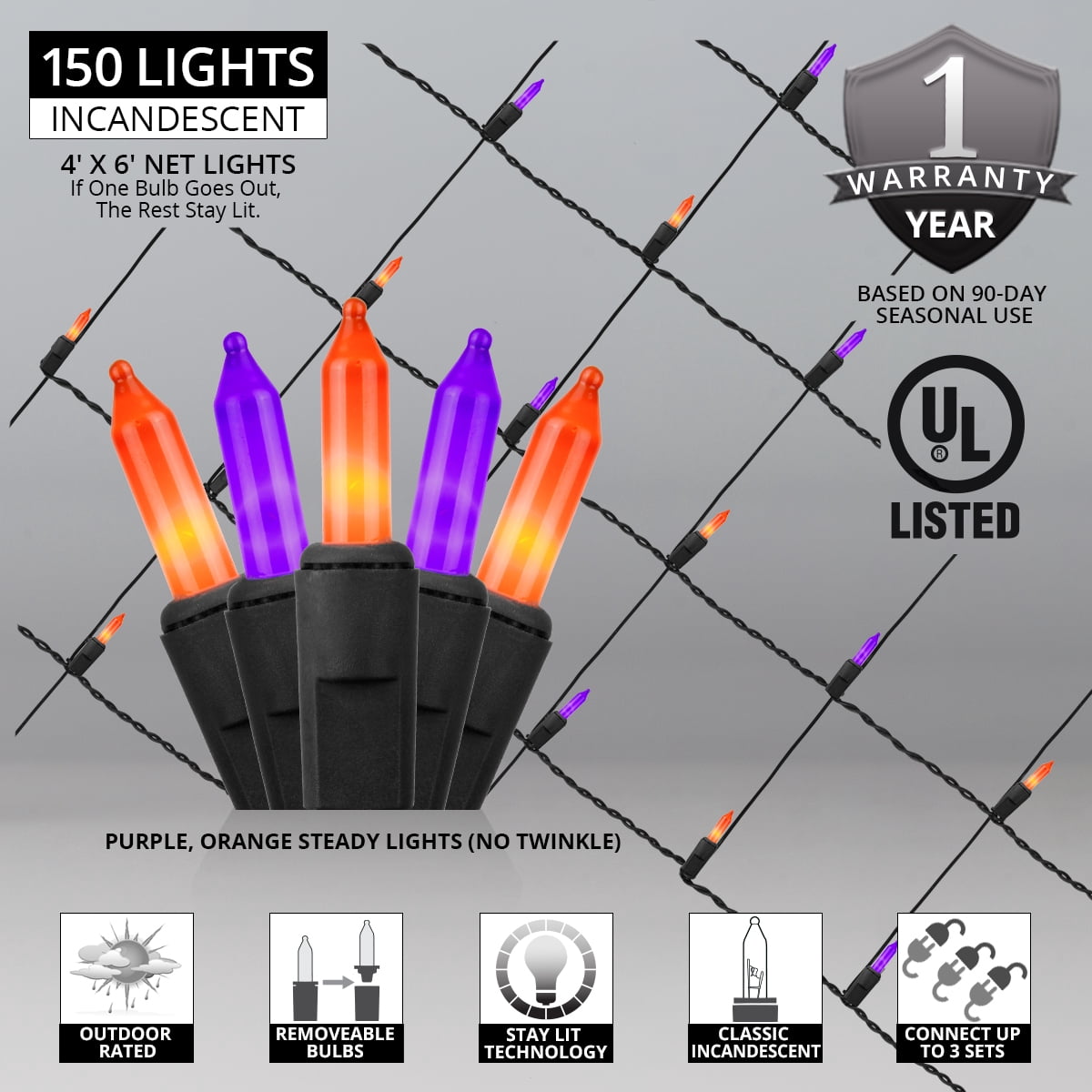 4’ x 6’ Halloween Net Lights Outdoor 150 Orange and Purple Lamps on Black Wire