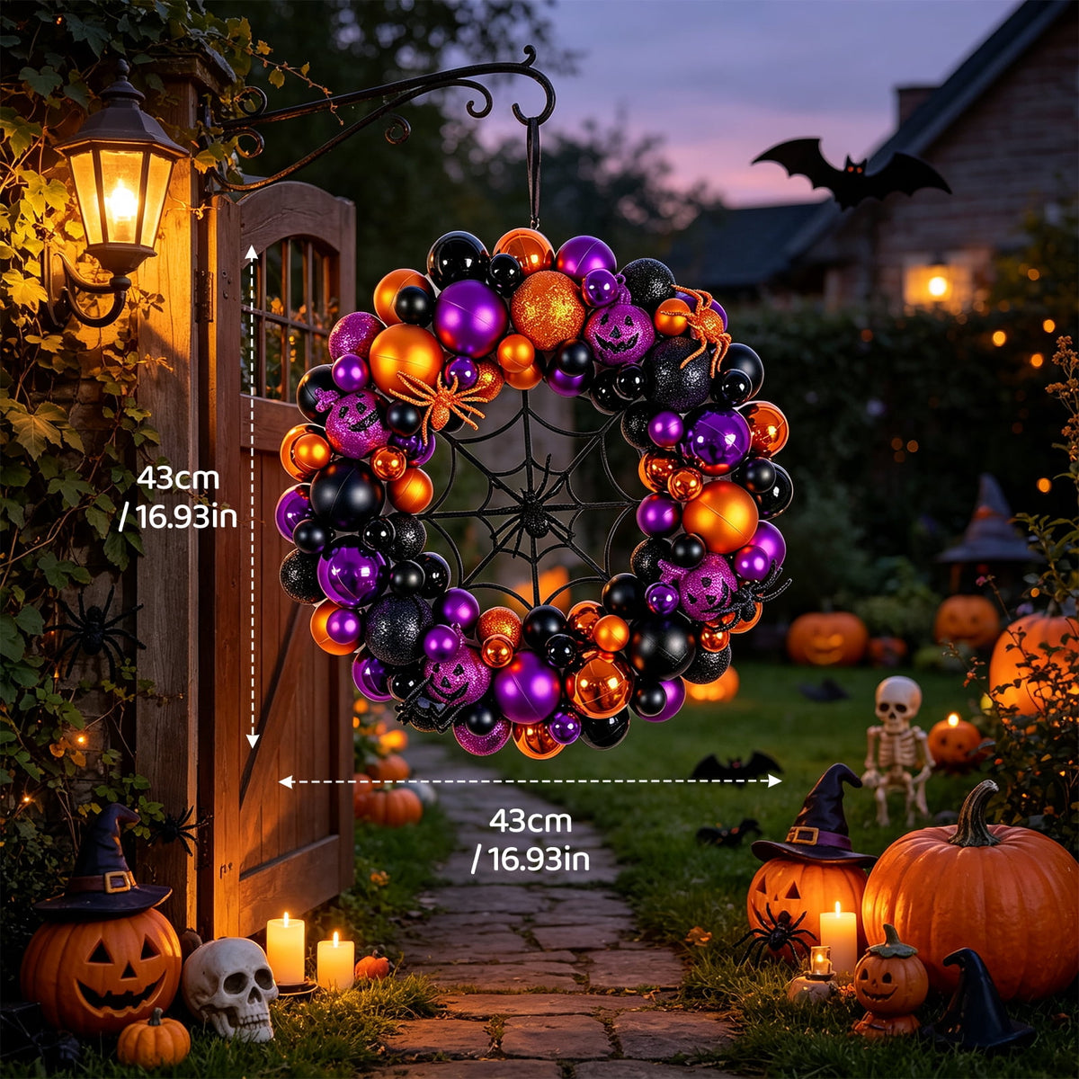 Godance 16 Inch Halloween Ball Wreath for Front Door, Halloween Wreath with Fake Pumpkins Spider, Shatterproof Treat-or-Trick Front Door Wreaths, Purple/Black Ball Ornament for Wall Front Door