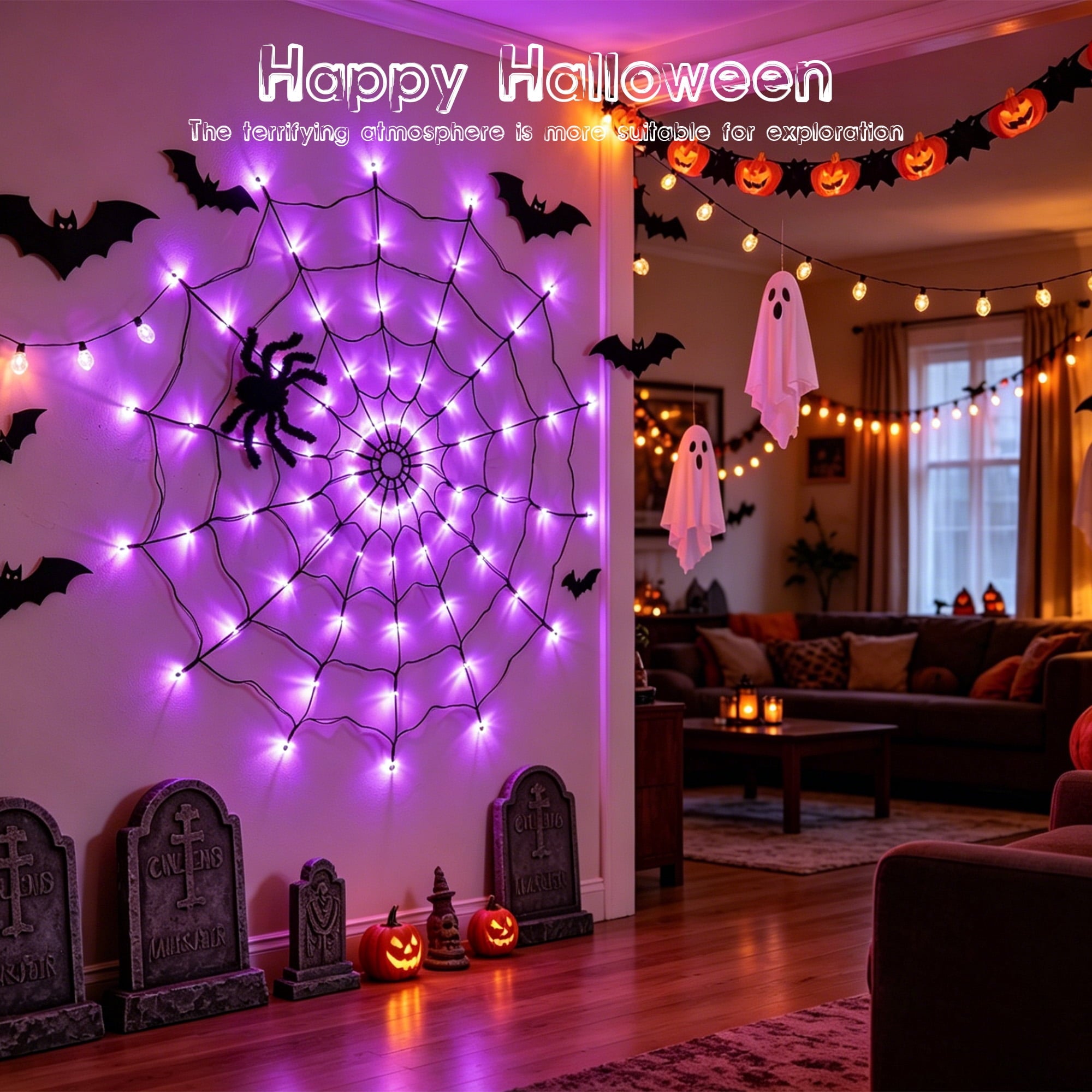 DAYBETTER Halloween Spider Web Lights, 4FT Purple LEDs with Hairy Black Spider, Remote Control, Waterproof for Indoor, Outdoor, Halloween Decor