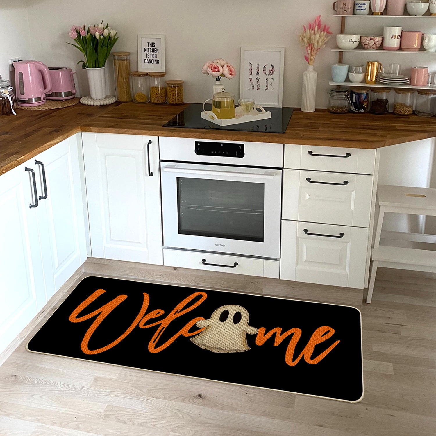 Sm:)e Polka Dot Black Cat, Jack-O'-Lantern, Ghost Halloween Welcome Doormat, 17x29 Inch