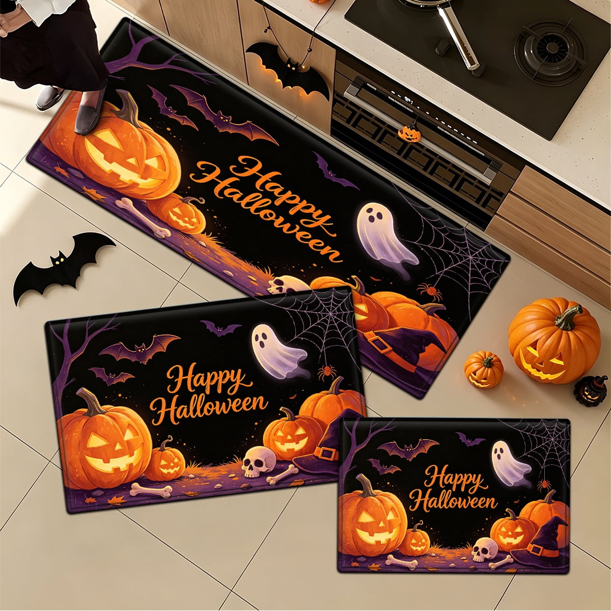 YIMEIS Halloween Pumpkin Lantern 3Pcs Flannel Mat & Kitchen Rugs Set,16''×24'' 20''×30'' 17''×47'' Inches,Soft Non-slip for Home Bathroom