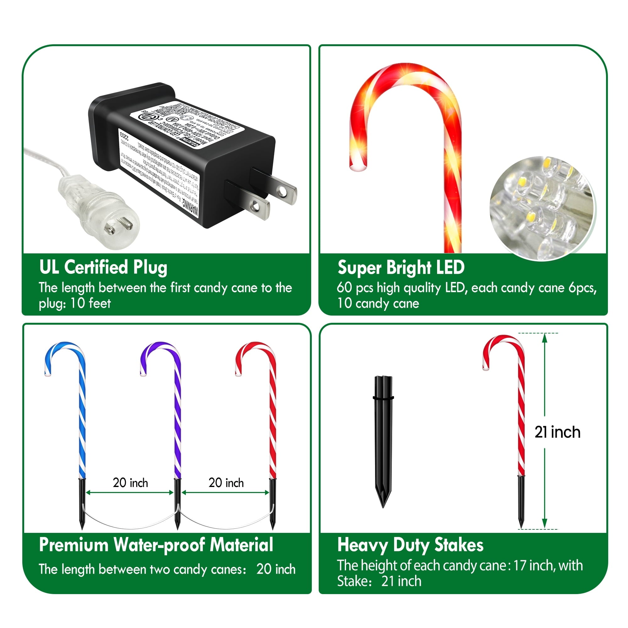 Christmas Candy Cane Lights 21” 10 Pack 8 Lighting Modes Flickering Candy Cane Pathway Marker Outdoor Indoor Waterproof UL Listed Christmas Lighting Decoration Light