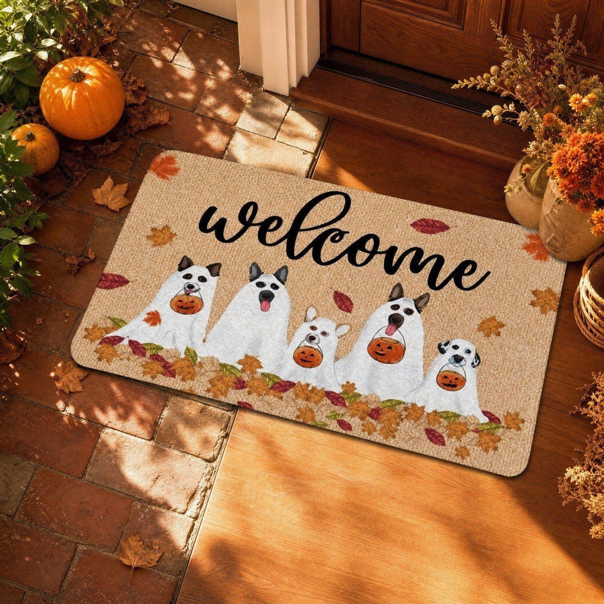 Bklubk Welcome Ghost Dog Pumpkin Maple Leaf Halloween Front Door Mat Fall Season Entryway Decor Rug