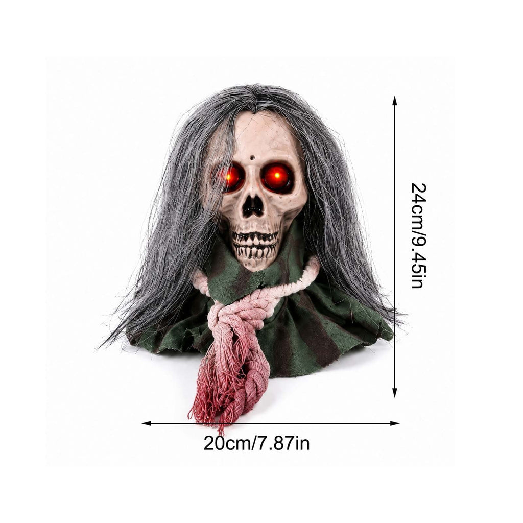 Moving Long Hair Hanging Skull Head Prop, Creepy Animated Halloween Skeleton Decor, Spooky Ornament for House, Party, Indoor Outdoor (Batteries Not Included)