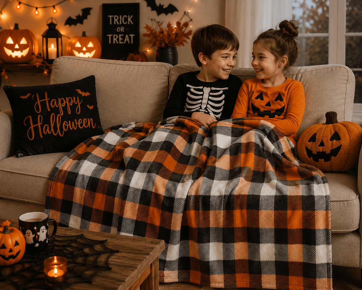 Serafina Home Halloween Throw Blanket: Fuzzy Boo! Jack O'Lantern Spider Webs Skull and Black Cats Print on Velvet Fleece for Sofa Bed Couch Chair Dorm