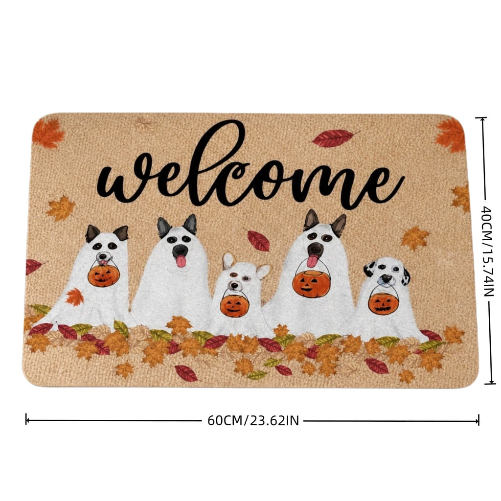 Bklubk Welcome Ghost Dog Pumpkin Maple Leaf Halloween Front Door Mat Fall Season Entryway Decor Rug