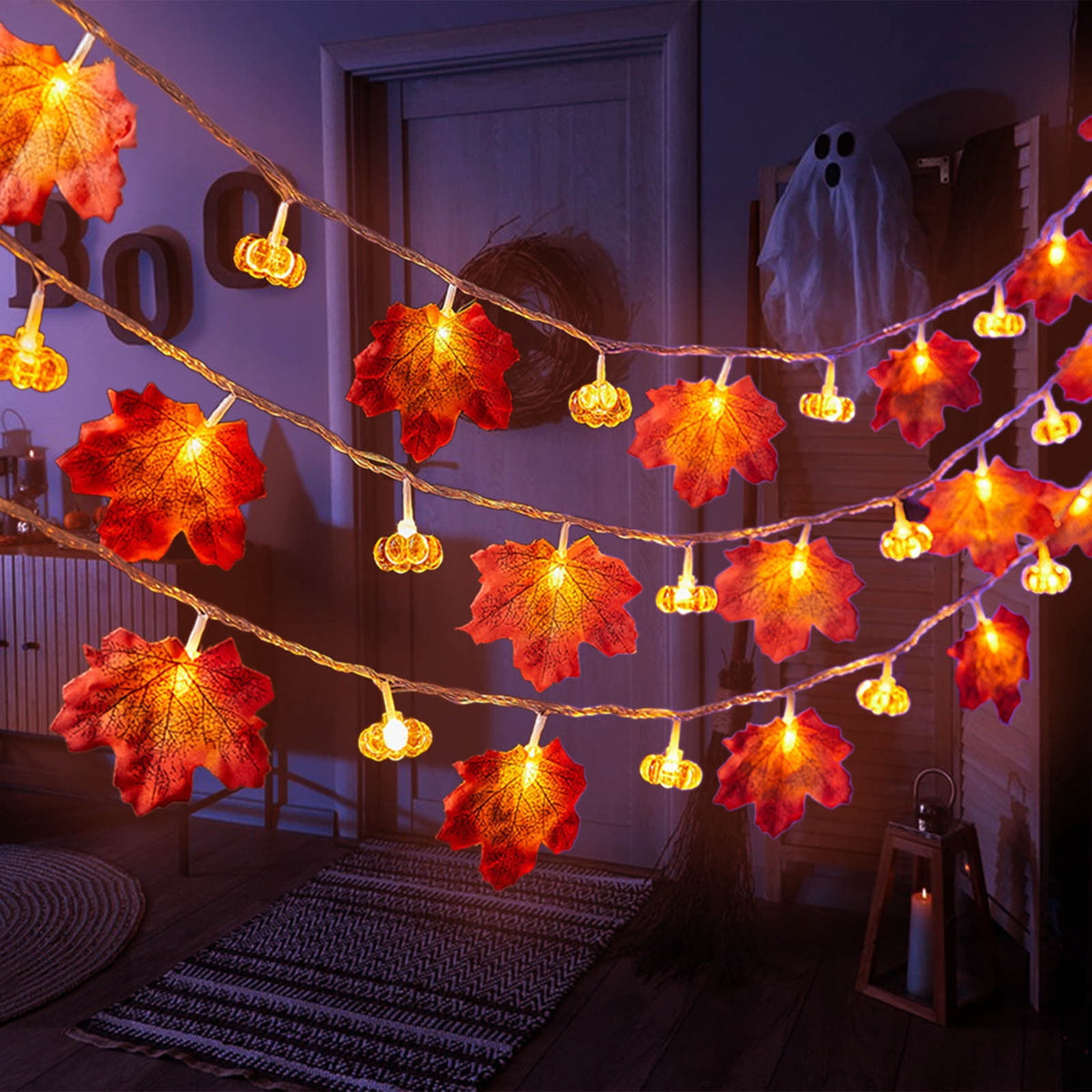 Btomtd 118.11 inch Pumpkin and Maple Leaf Lantern String Light Halloween Thanksgiving Decorative Light for Autumn Festival Porch Pathway or Table Decor, Orange