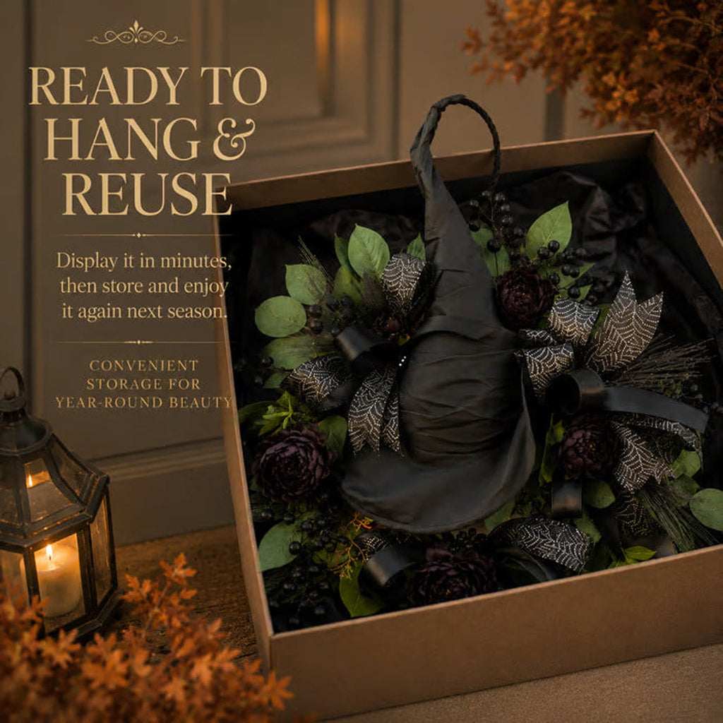 Luckky Black Rose Witch Hat Front Door Wreath,Elegant Spooky Halloween Door Decor with Spider Web Ribbon,Creepy Stylish Wreath for Home Accent,Gothic Themed Party & Indoor Room