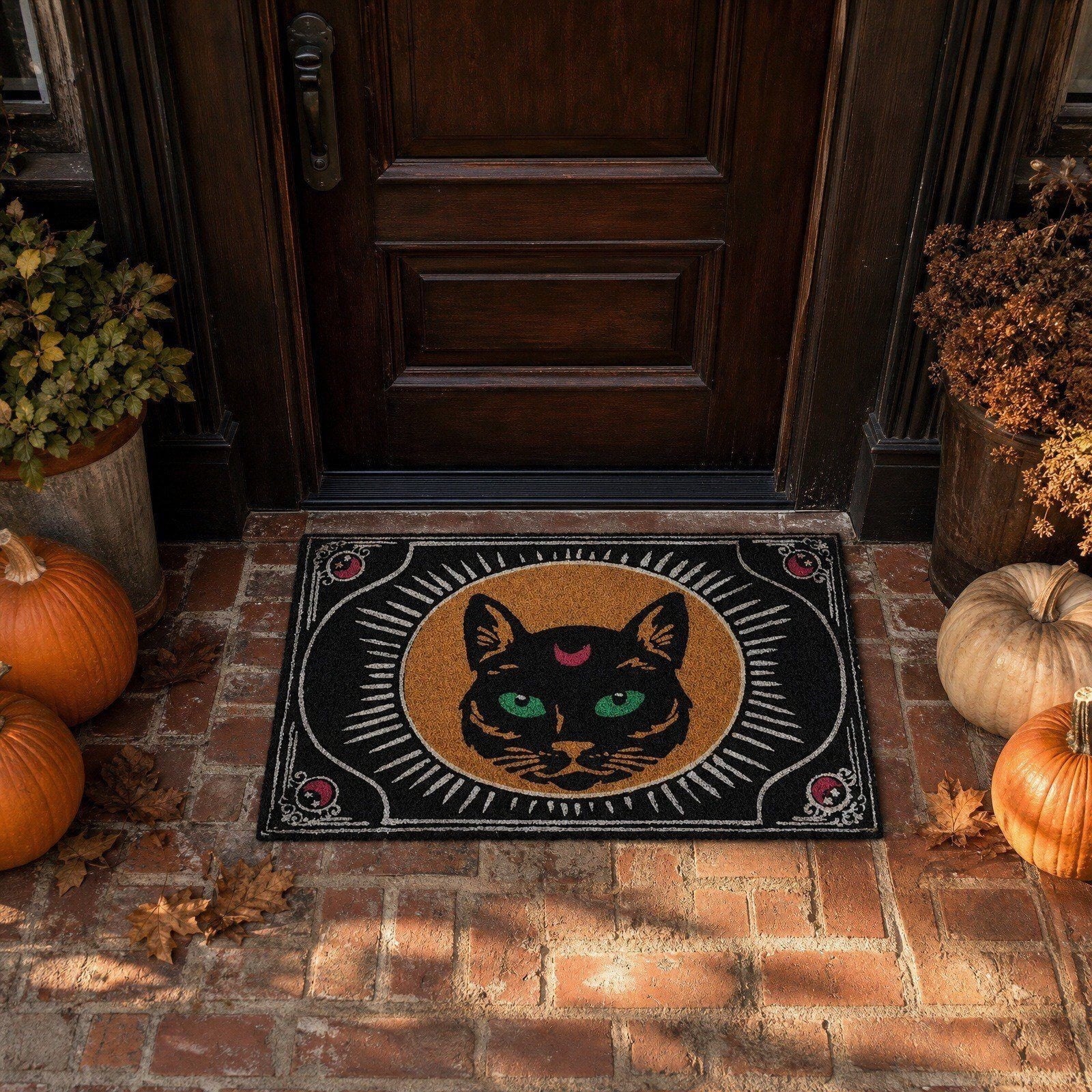 AHGQT Funny Green Eyes Cat Bathroom Rug, 31’’x19’’ Non Slip Machine Washable Mat, Spooky Halloween Rug Decor for Home Bedroom Shower Floor