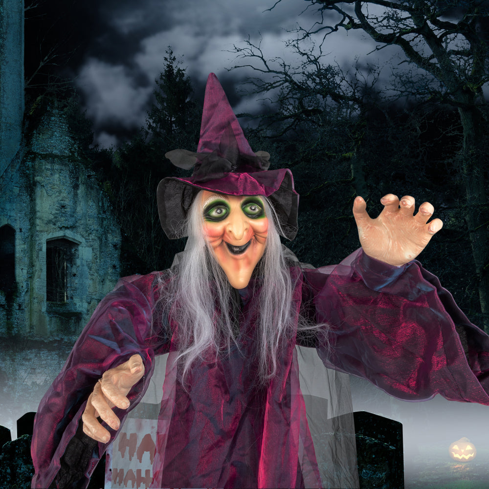71" Life Size Hanging Talking Witch, Animated Halloween Witch with Sound Activation and Red Eyes for Outdoor & Indoor Decor - Old, Spooky and Scary Flying Animatronic Witch for Halloween Decorations