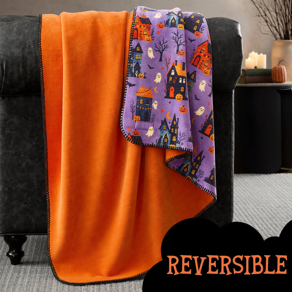 Boo-tique Halloween Plush Soft Oversized Couch Throw Blanket, Cats and Pumpkins, Orange, 50 x 72 in