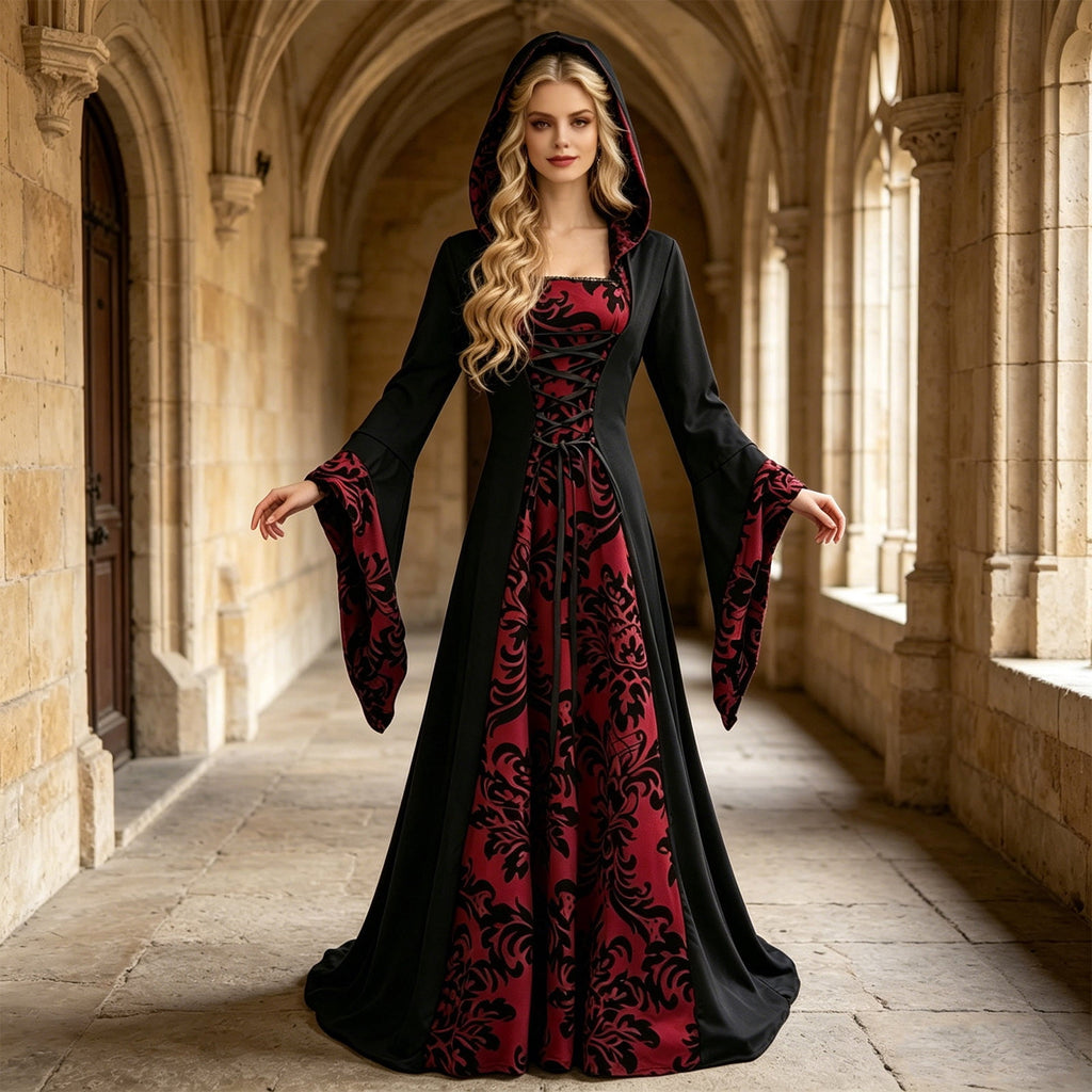 KICILVS Witch Costume Women Hooded Gothic Robe Corset Waist Bell Sleeve Maxi Length Damask Print Vampire Cloak Outfit White