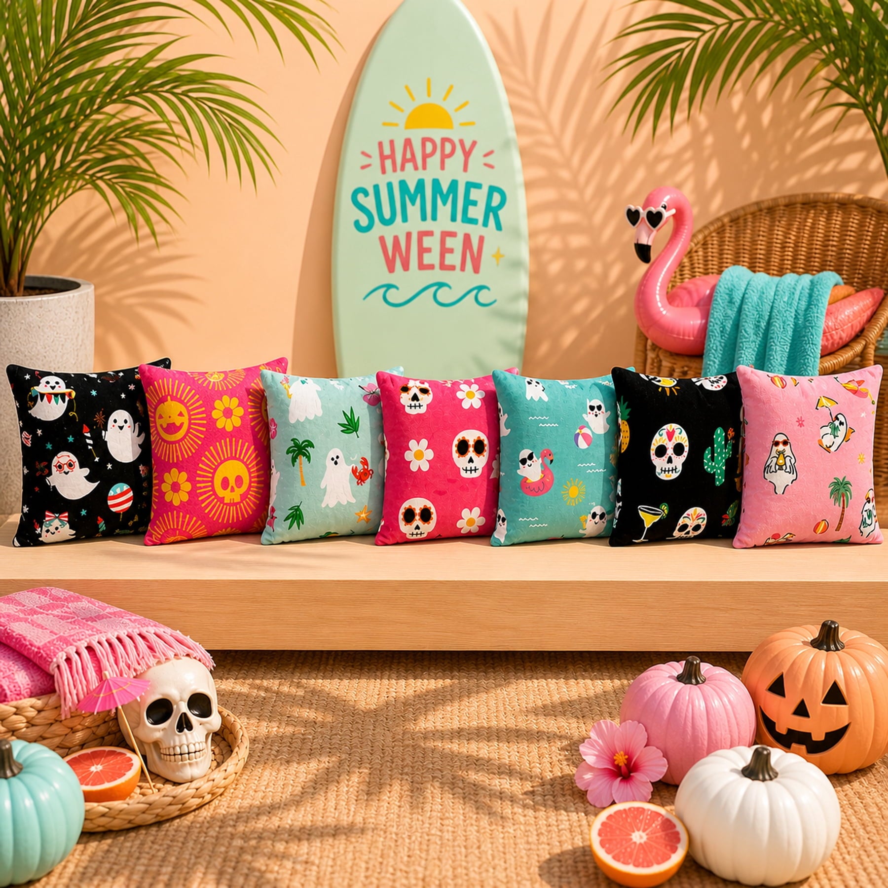Summerween 18"x18" Plush Decorative Pillow, Vacation Ghosts