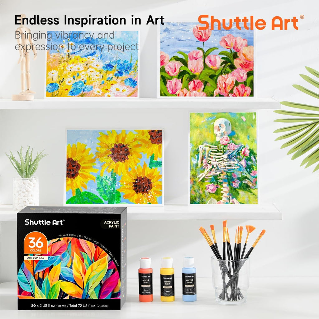 Acrylic Paint, Shuttle Art 50 Colors Acrylic Paint Set, 2oz/60ml Bottles, Rich Pigmented, Water Proof, Acrylic Paints for Artists, Beginners on Canvas Rocks Wood Ceramic Fabric