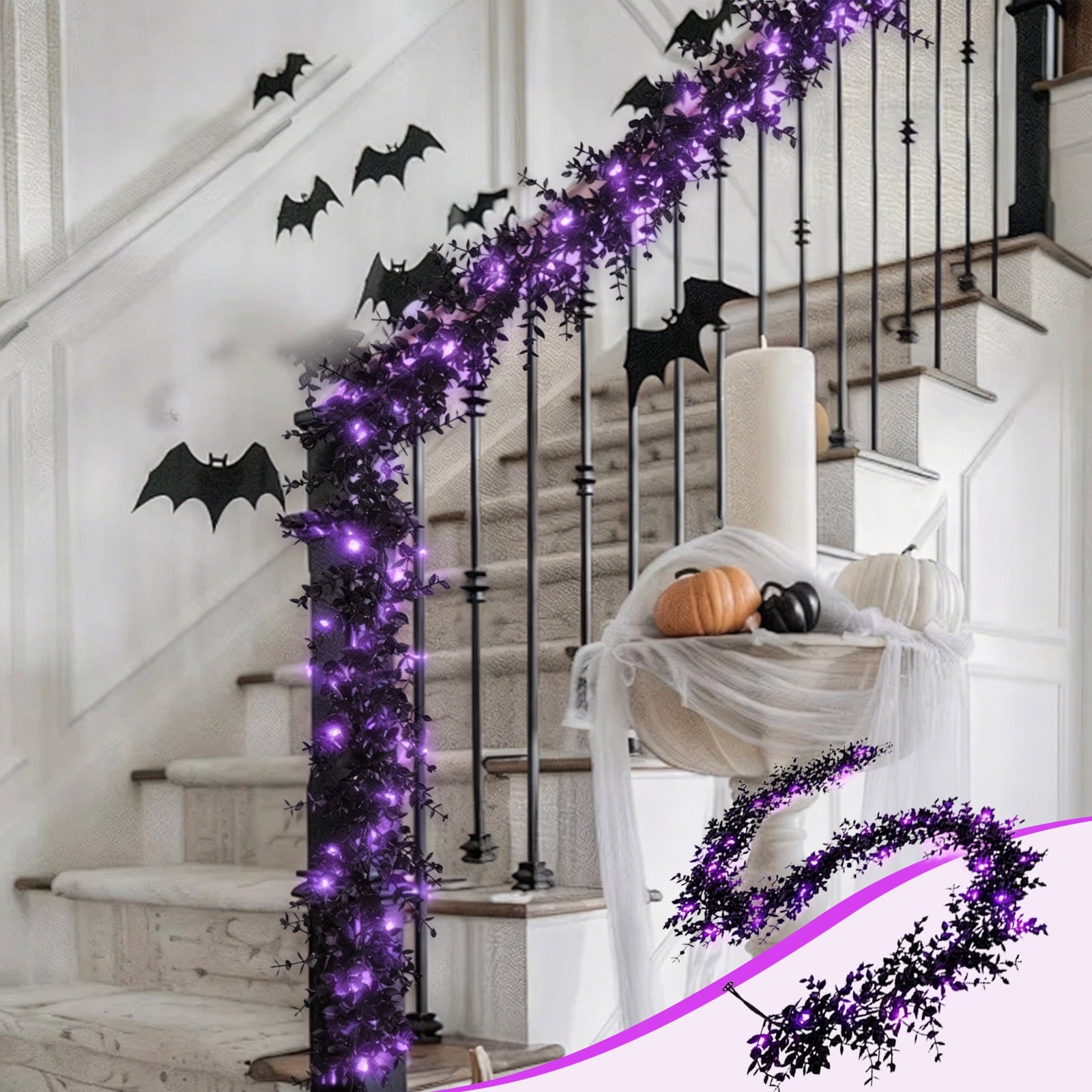 Halloween Garlands with Lights, 5.8 Ft Black Eucalyptus Garlands, Artificial Hanging Plants Vines, Faux Ferns Plant Fake Leaves Ivy Flowers Garlands for Garden Home Party Halloween Decorations Indoor