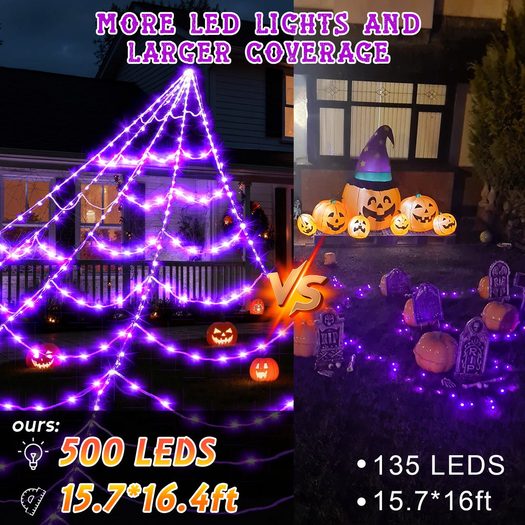 Scidweet Halloween Decorations Outdoor, 500 LED Halloween Giant Spider Web Lights for Garden Yard Porch Home Decor, Purple White