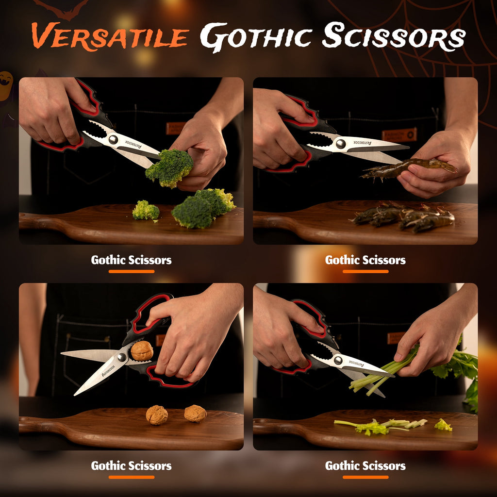 Astercook Halloween Kitchen Scissors, Gothic Skull Heavy Duty Shears for Cooking, Poultry, Herbs – Spooky Pumpkin Design, Dishwasher Safe, Perfect Gift for Halloween Party & Home Décor Red