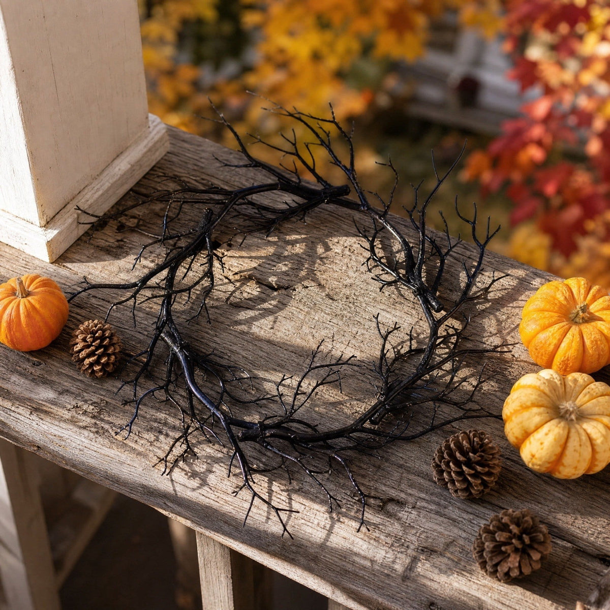 WWC Halloween Wreath, 18 inch Black Bats and Bare Branch Wreath, Gothic Halloween Decor Twig Wreath for Halloween Party Front Door Porch and Fireplace