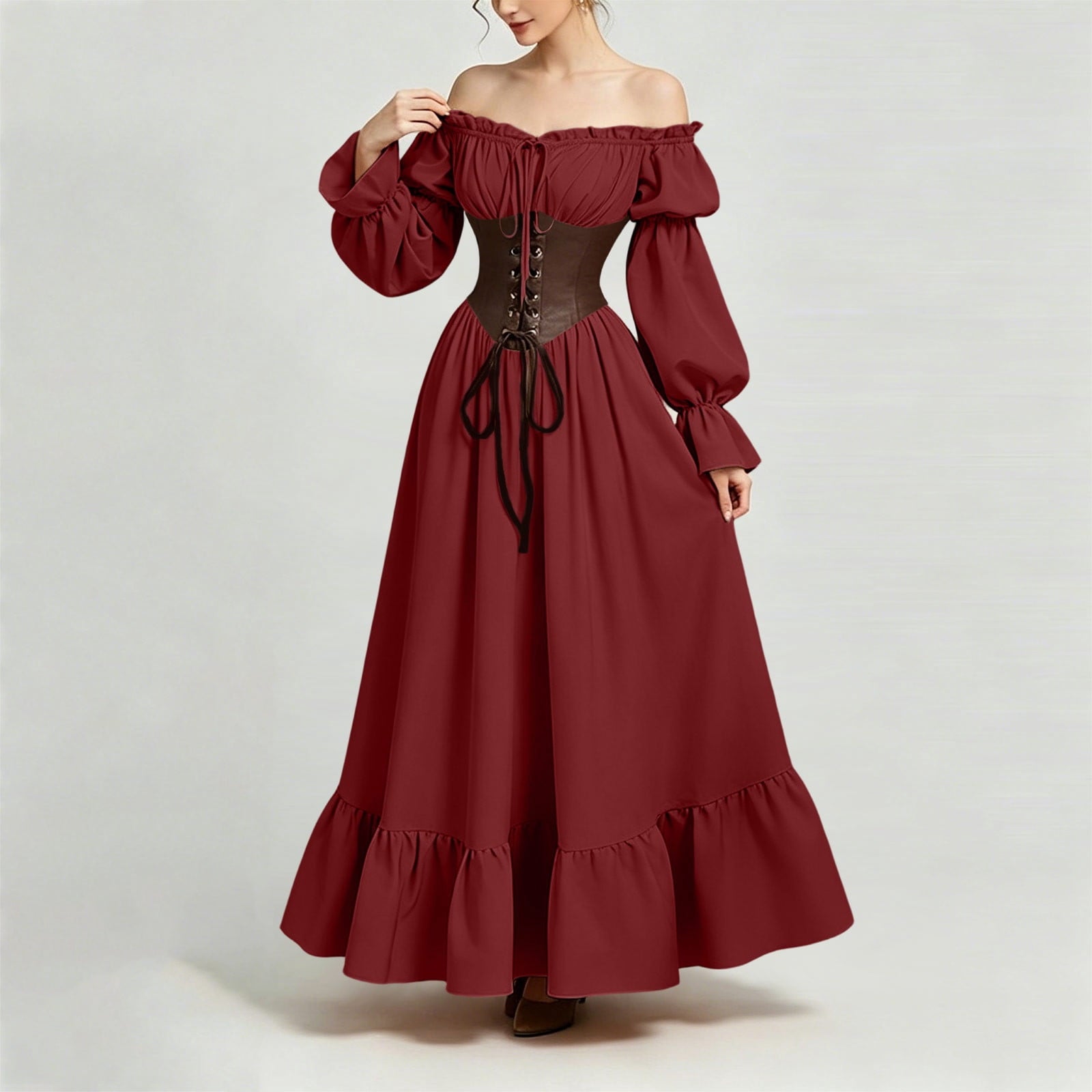 QATAINLAV Renaissance Costume Women Vintage Medieval Dress Cold Shoulder Short Sleeve Peasant Pirate Irish Maxi Dresses, Black, L